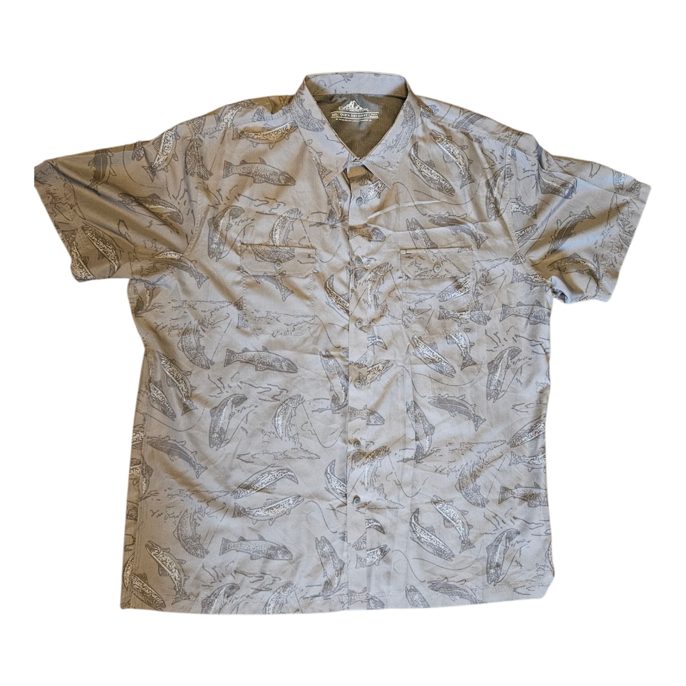 Croft & Barrow Quick Dry Trout Fish Print Shirt XXL Gray Short Sleeve Button Up